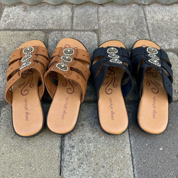 2 Pairs of Open Toe Beaded Rhinestone Flat Slide Sandals - Picture 6 of 12